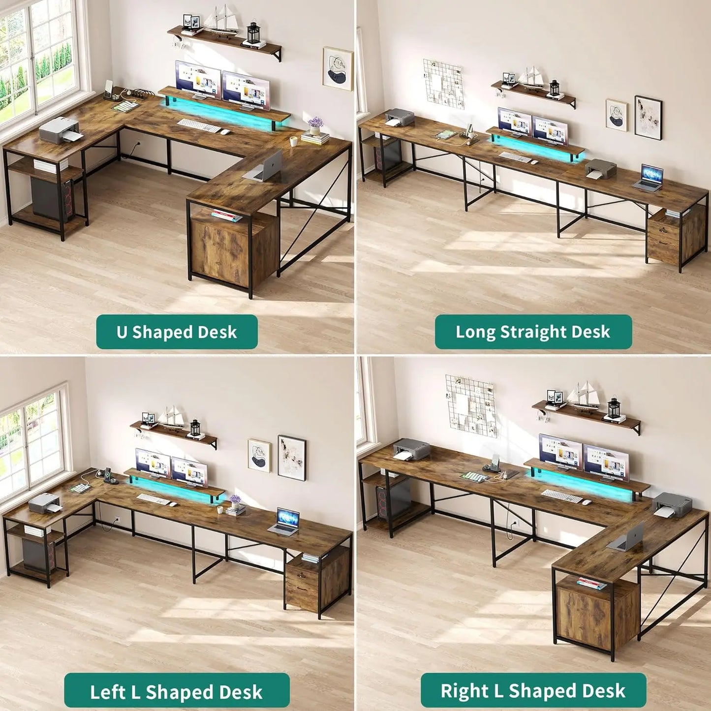 YITAHOME U Shaped Desk with Power Outlets & LED Lights, 79" Reversible L Shaped Desk with Drawers, Corner Computer Desk Office