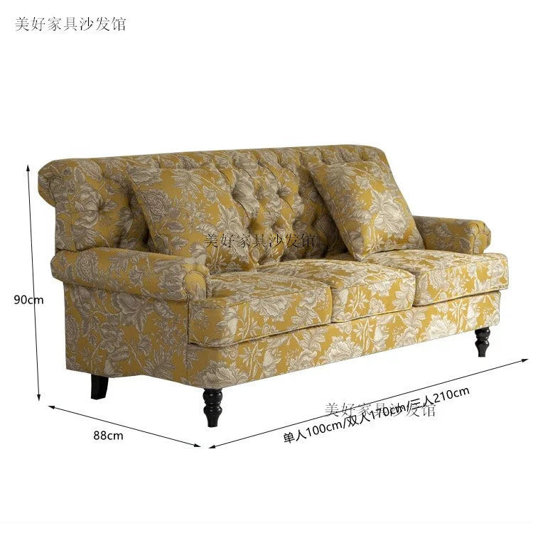 American Single Solid Wood Living Room Sofa Yellow Pastoral Color Pull Buckle Fabric Three-Seat Sofa