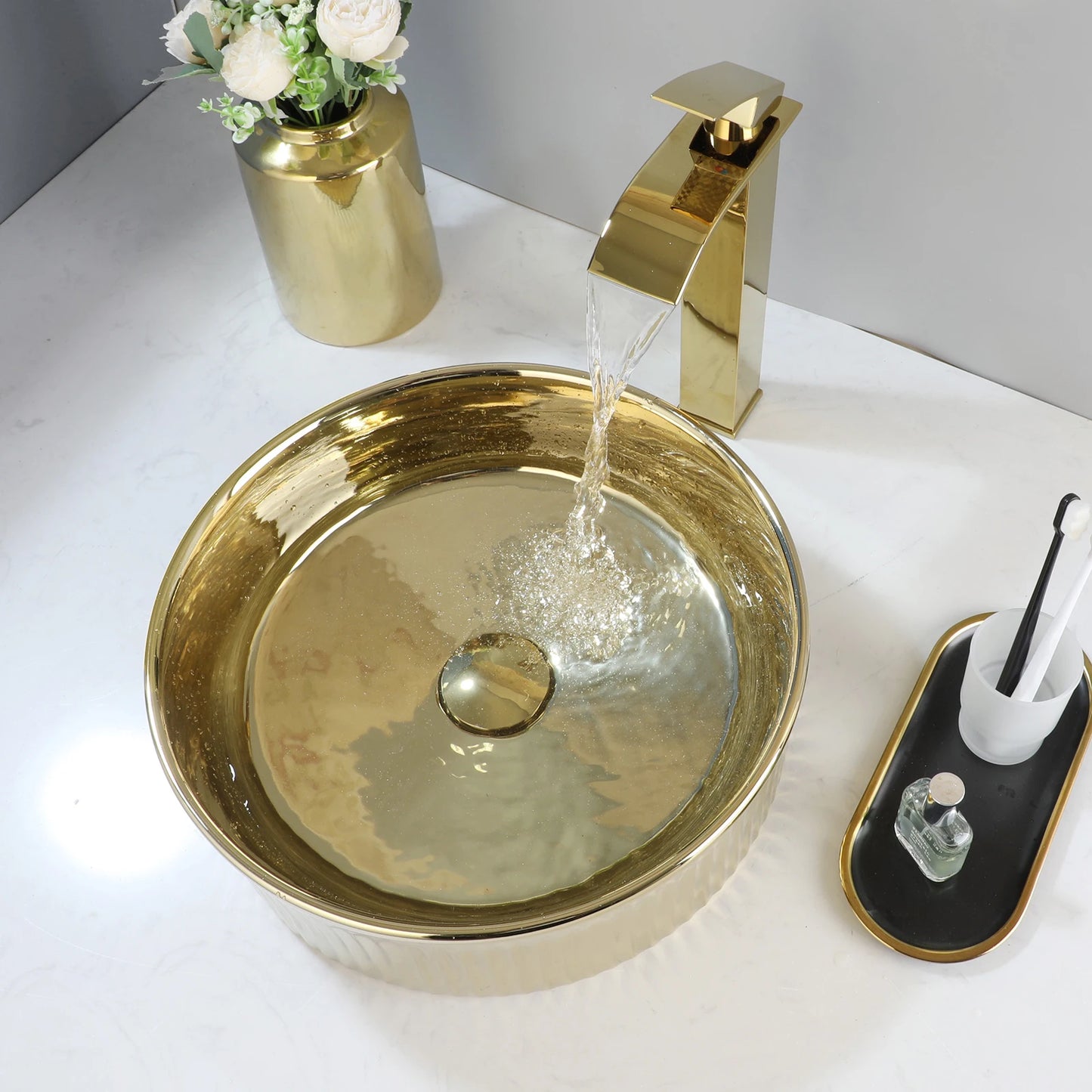 ZAPPO Luxury Gold Vessel Sink Round Ceramic Bathroom Sinks Above Counter Washing Sink Faucet Combo with Drain Deck Basin Sinks