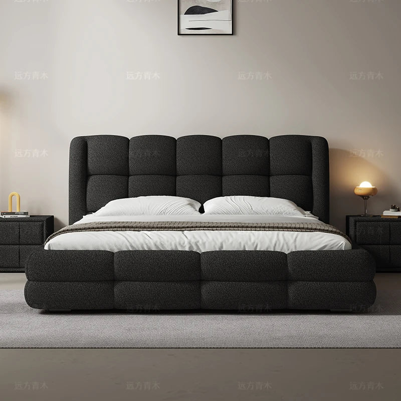 Lamb cashmere cotton candy cloth bed simple modern minimalist French black high-end double master bedroom bed.