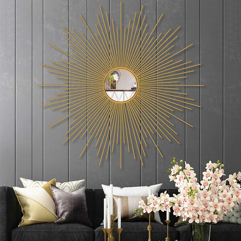 Entrance Wall Pendant Golden Sun Wall Decoration Living Room Wrought Iron Wall Hanging Mirror Decoration