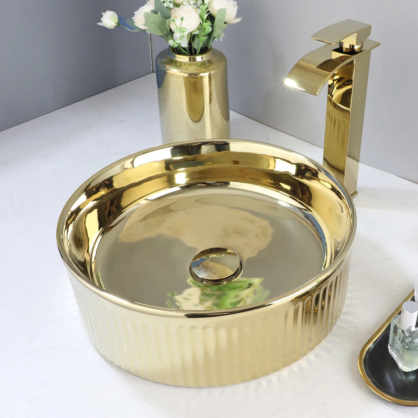 ZAPPO Luxury Gold Vessel Sink Round Ceramic Bathroom Sinks Above Counter Washing Sink Faucet Combo with Drain Deck Basin Sinks