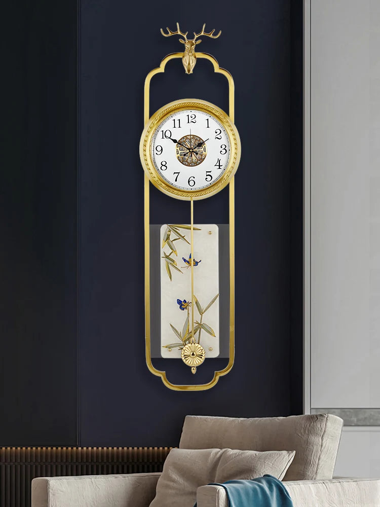 Wall clock, Chinese style light luxury pure brass living room wall clock, European retro creative art, atmospheric pendulum