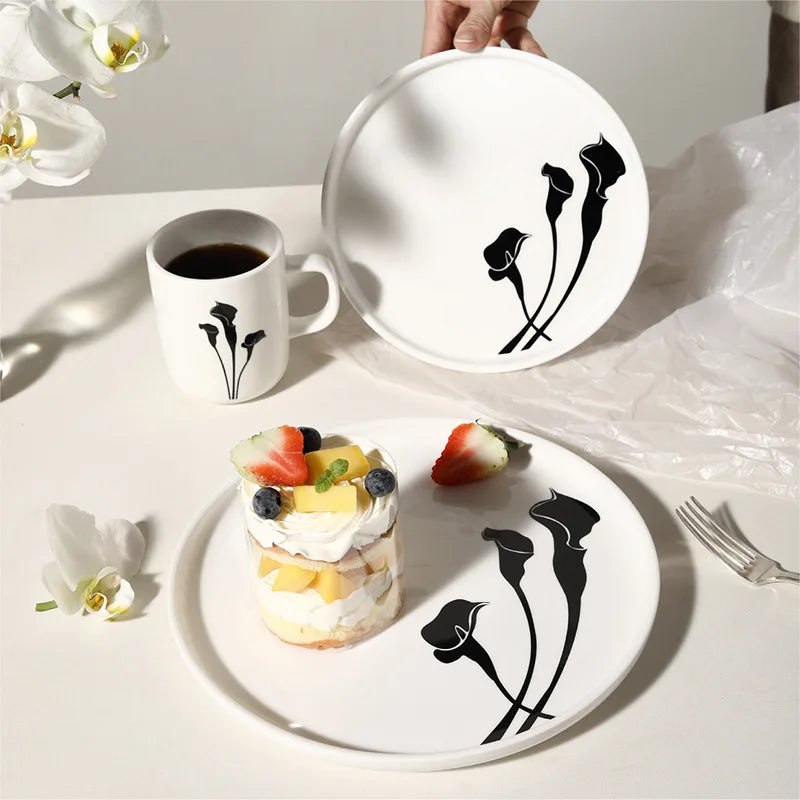 Ceramic Dinner Plates and Mug Set, Creative Flower Dinnerware, Black and White, Modern Dinnerware