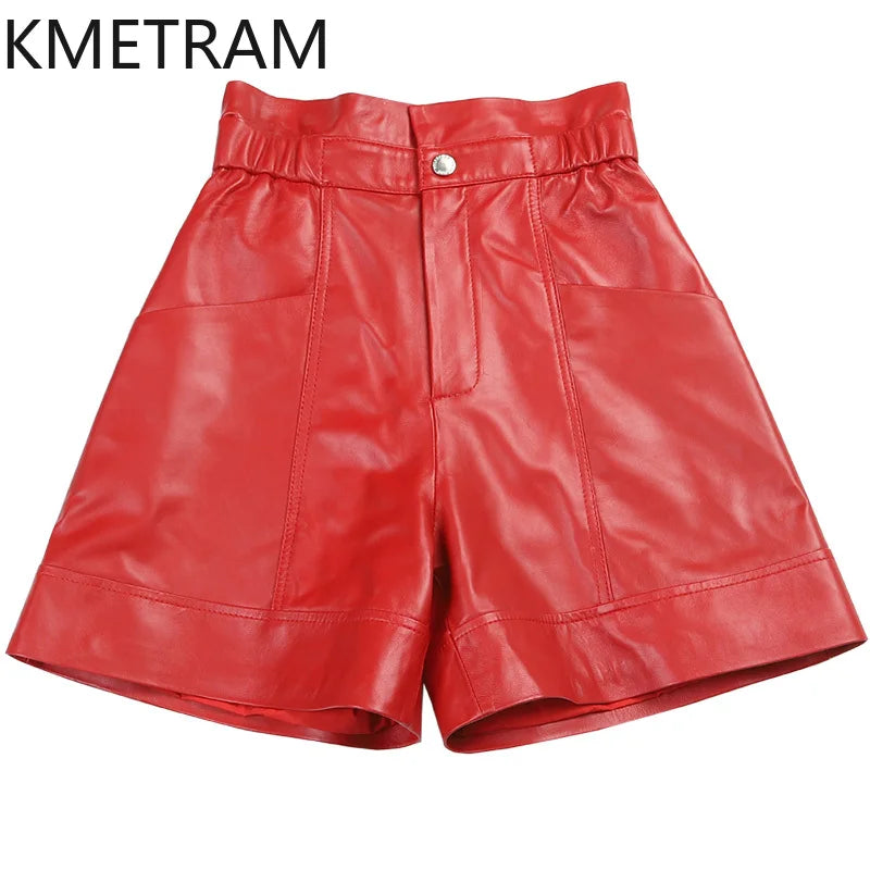 KMETRAM Sheepskin Real Leather Shorts Autumn Winter Women's Shorts High Waist Loose Trousers A-line Shorts Women Шорты Женский