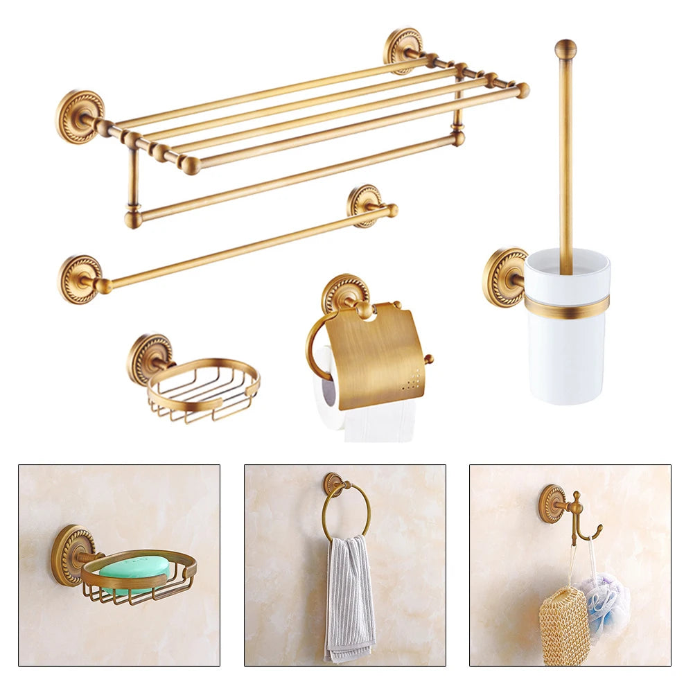 7PCs Copper Bathroom Wall Mount Pendant Set Toilet Hardware Pendant Towel Rack Combination Hanger Hook Paper/Brush Holder Shelf