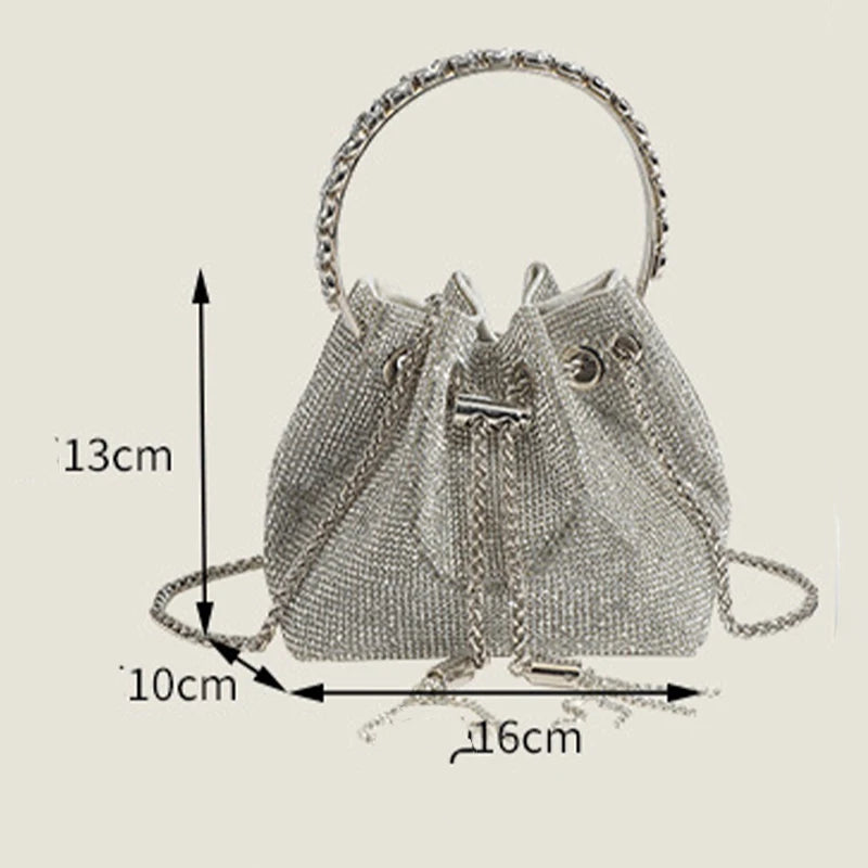 Luxury Designed Rhinestone Handbag Bling Handbags Women Brand PU Leather Metal Totes Modern Diamond Top Handle Drawstring Bag