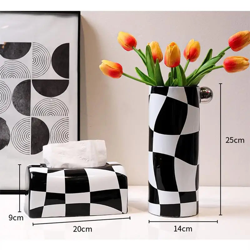 Light Luxury Black and White Geometry Checkered Ceramic Vase Tissue Box Paper Box Dining Table Decoration Nordic Decoration Home