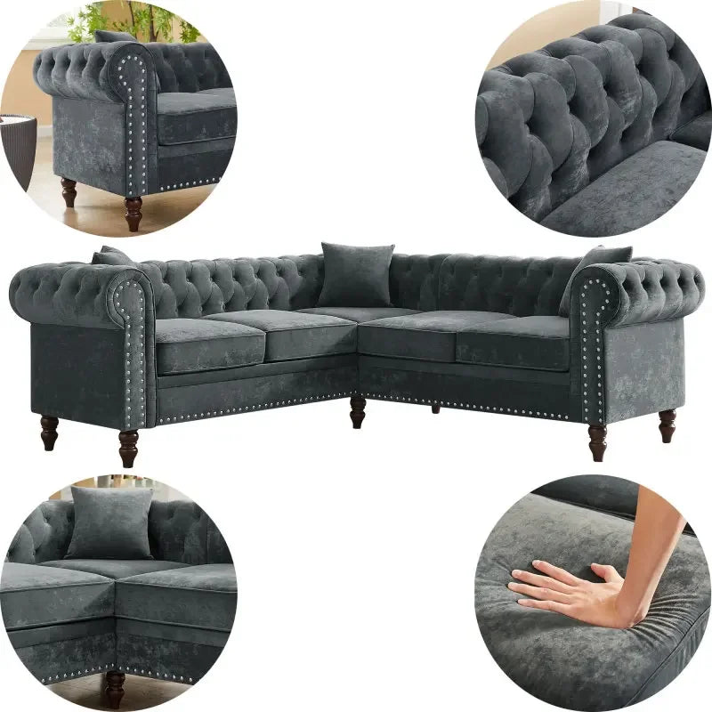 Tufted Upholstered Roll Arm Luxury Classic Chesterfield L-shaped Sofa 3 Pillows Included, Solid Wood Gourd Legs