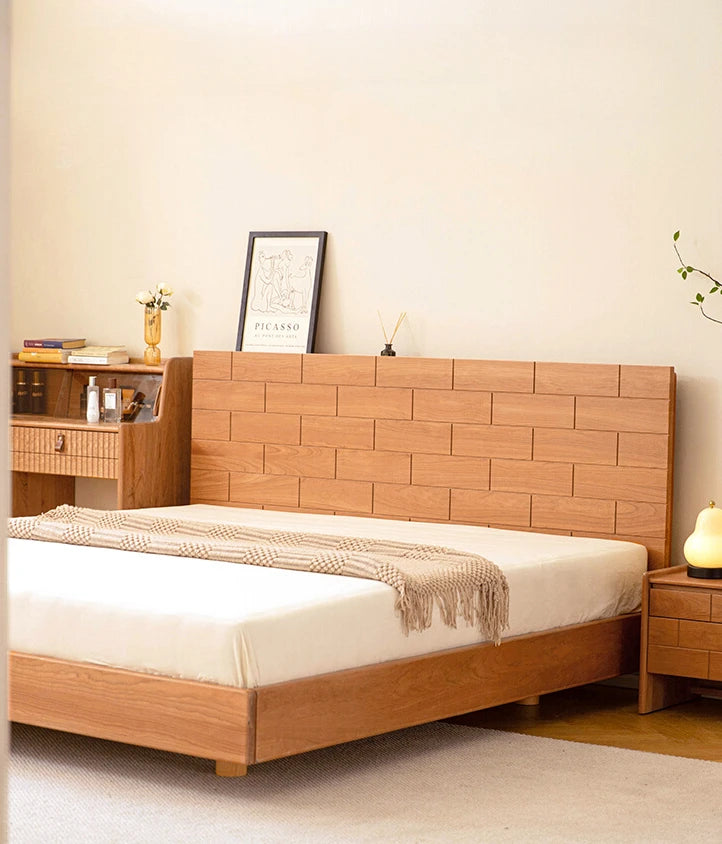 Solid wood tatami suspended bed, Nordic large slab, large material, cherry wood master bedroom art