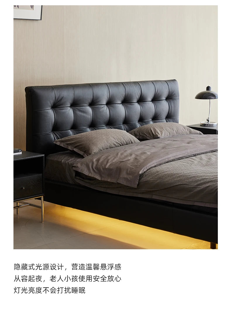 Genuine leather bed, home bedroom, master bedroom, high-end grand leather bed, modern and simple cowhide double suspended bed