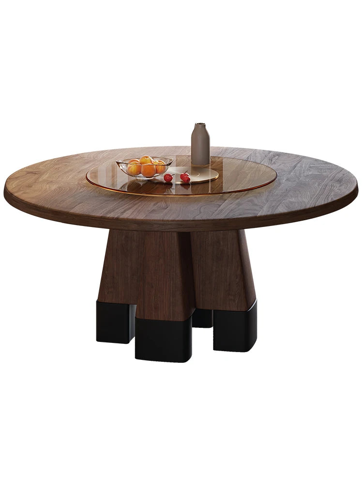 North American Walnut Round Table Log Light Luxury Vintage Tempered Glass Rotary Table Solid Wood Dining Table