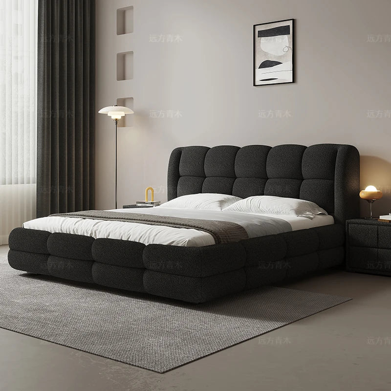 Lamb cashmere cotton candy cloth bed simple modern minimalist French black high-end double master bedroom bed.