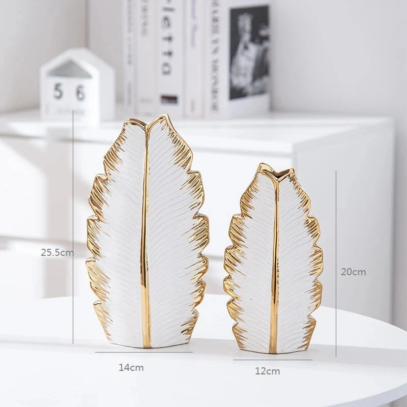 2Pcs/Nordic black gold plating leaf ceramic vase Modern simple household TV cabinet decoration vase