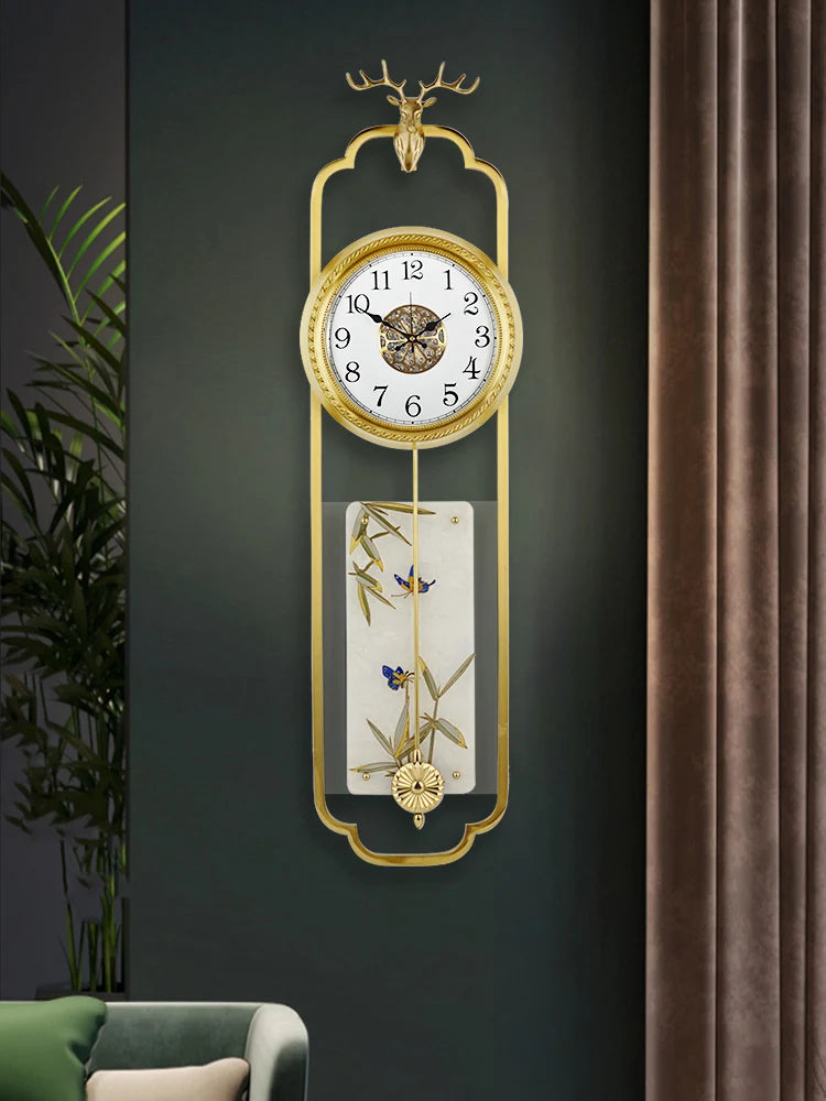 Wall clock, Chinese style light luxury pure brass living room wall clock, European retro creative art, atmospheric pendulum