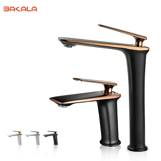 BAKALA Luxury Black Rose Gold Wash Basin Taps Modern White Faucet Bathroom Luxury Basin Faucets Hot Cold Water Sink Tap Mixer