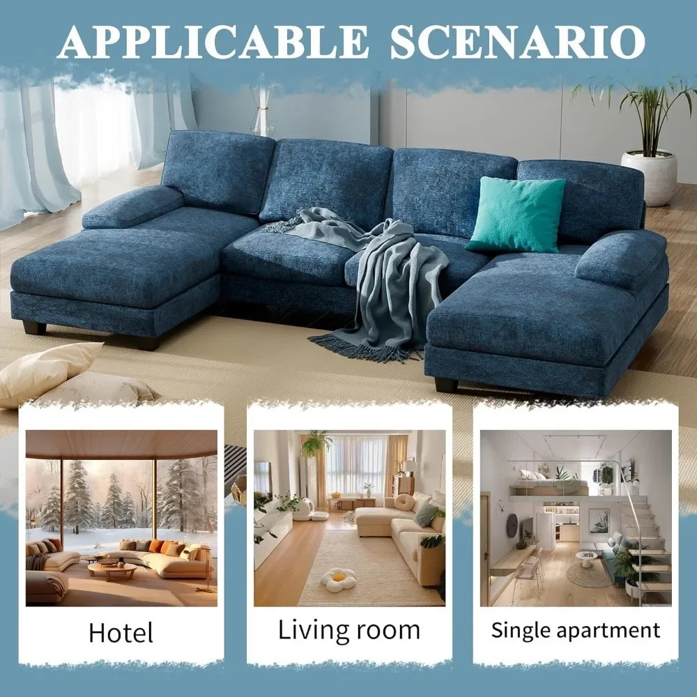 Convertible Sectional Sofa Couch,Fabric Modular Sofa Sleeper Chaise Memory Foam Blue 4 Seat Sofa Set for Living Room U-Shaped