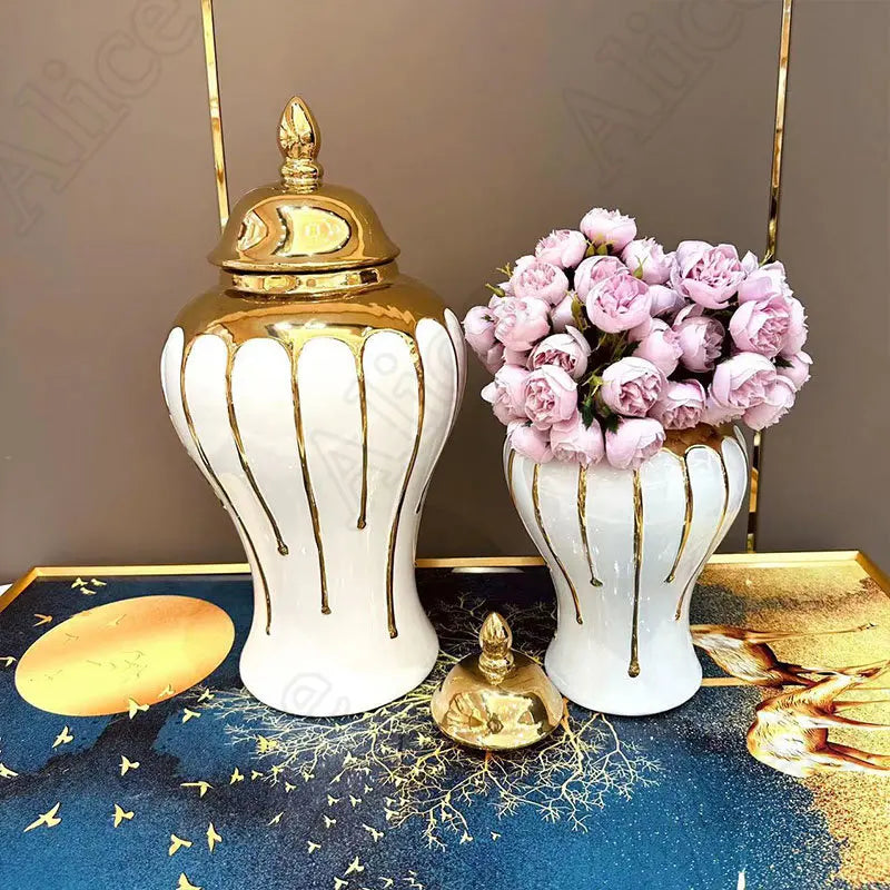 Nordic Creative Golden Flow Glaze Ceramic Vase Living Room Decoration Jars Light Luxury Electroplated Vases Ornament Home Decor