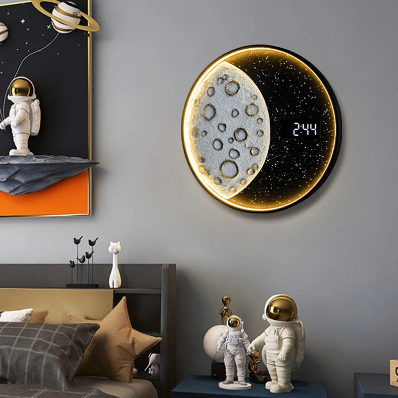 Modern Astronaut Moon Clock Wall Lamps Creative Bedroom Lights Living Room Decoration Space Man Light