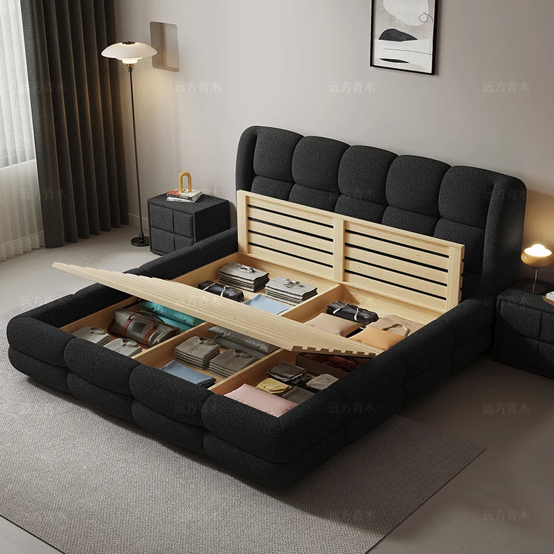 Lamb cashmere cotton candy cloth bed simple modern minimalist French black high-end double master bedroom bed.