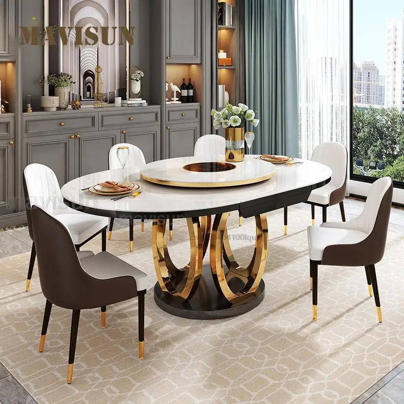 Combination Of Dining Table And 6 Chairs With Turntable Stainless Steel Frame Round Table Kitchen Furniture For Large Apartment