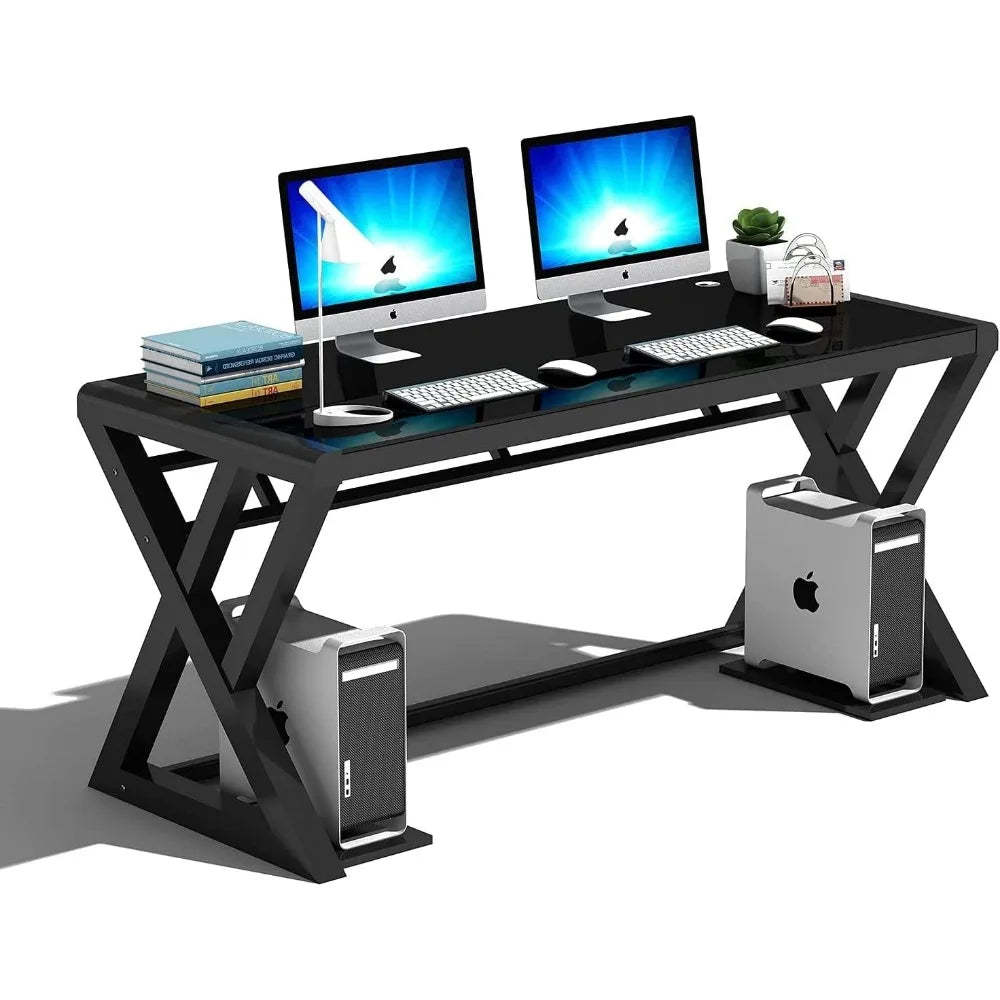 SAMERY Computer Desk Home Office Desks, 55.1 Inch Modern Simple Office Black Glass Desk Computer Table Study Gaming Writing