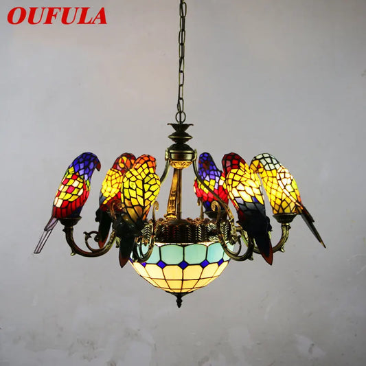 OUFULA Tiffany Parrot Chandelier LED Vintage Creative Color Glass Pendant Lamp Decor for Home Living Room Bedroom Hotel