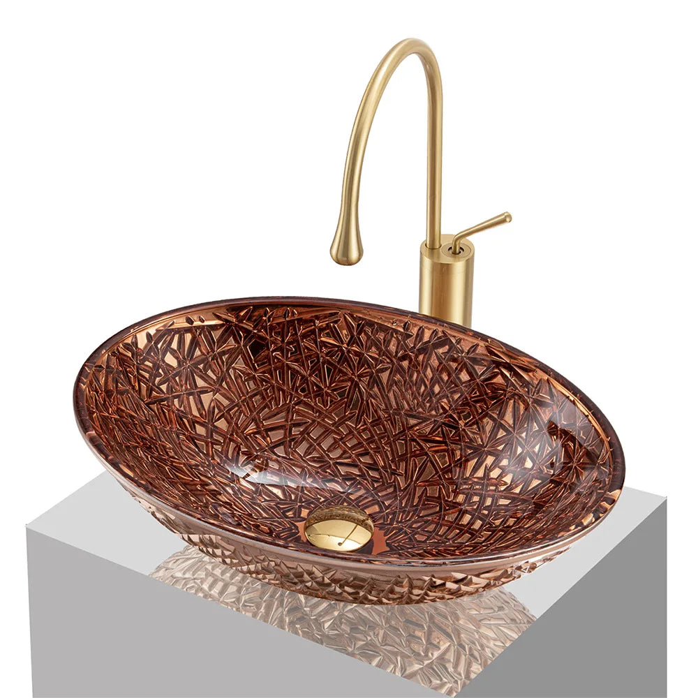 Electroplated Gold Crystal Glass Sink Home Balcony Vessel Basin Oval Countertop Bathroom Washbasin With Swan Faucet 50*35*15cm