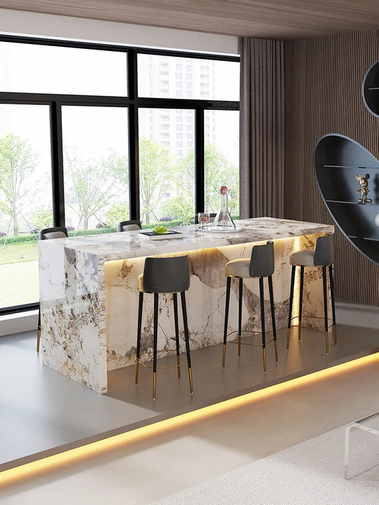 Home bar table, open kitchen, narrow inverted rock slab, customized guide table, balcony, leisure island table