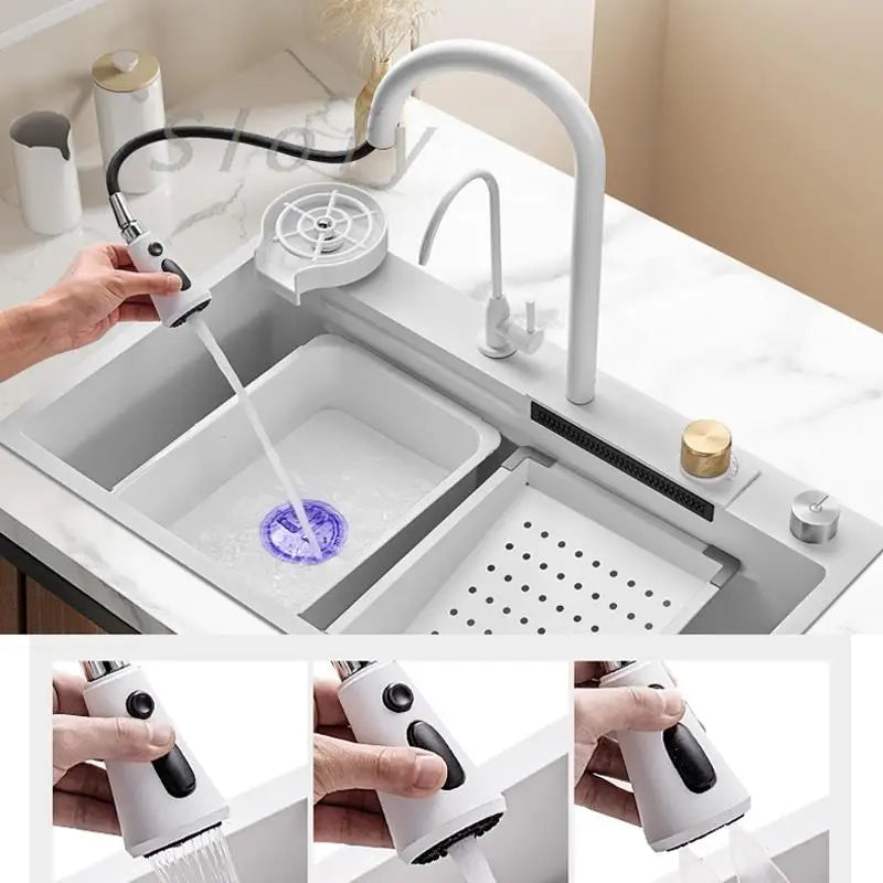 304 Stainless Steel Waterfall Kitchen Sink Single Bowl Wash Basin Home Sink Topmount  Workstation Washing Draining Cutting 3IN1