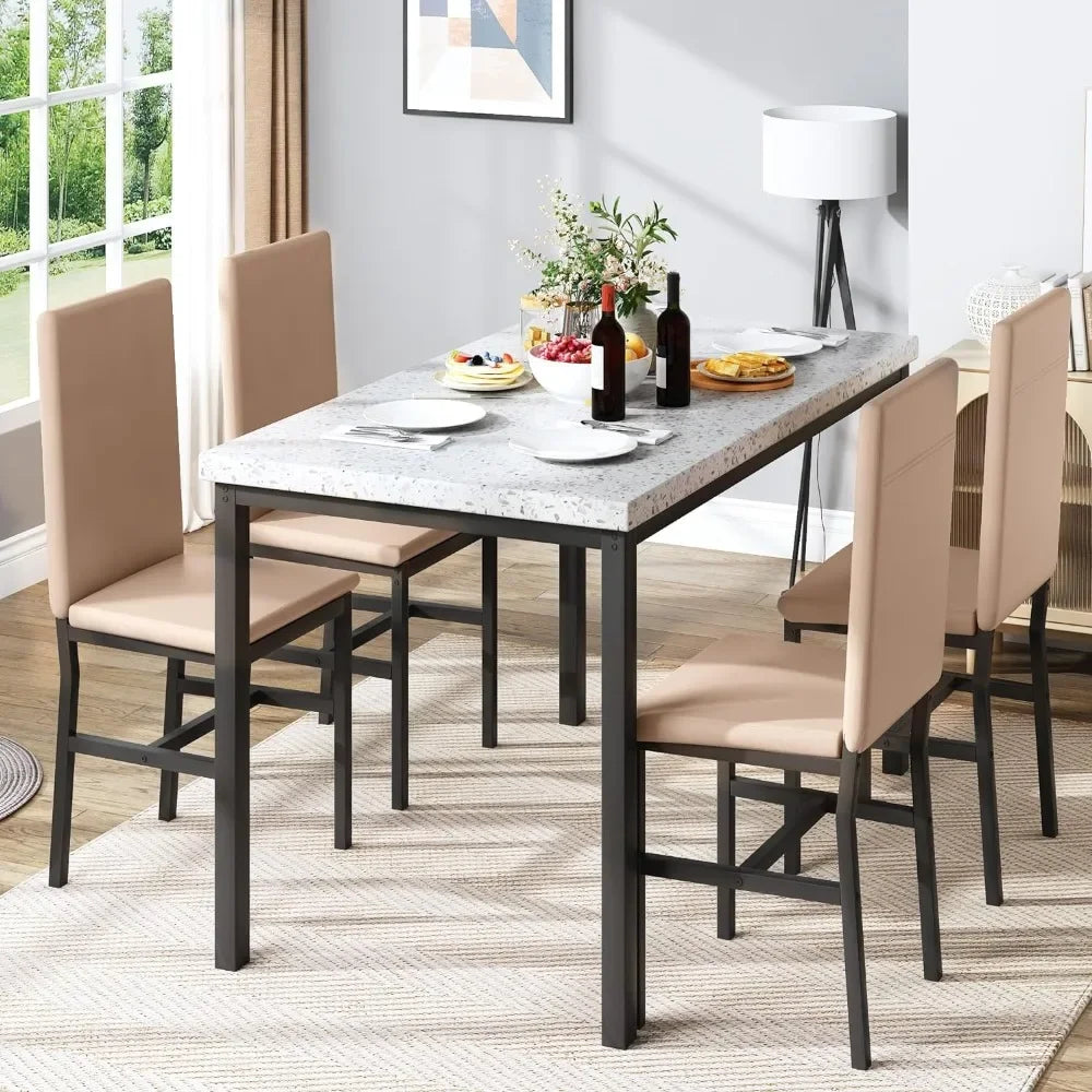 Space Saving Kitchen Table and Chairs Set of 4 5 Pieces Faux Marble Dinette Dining Room Furniture Set with 4 Leather Chairs