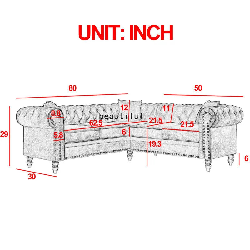 Tufted Upholstered Roll Arm Luxury Classic Chesterfield L-shaped Sofa 3 Pillows Included, Solid Wood Gourd Legs