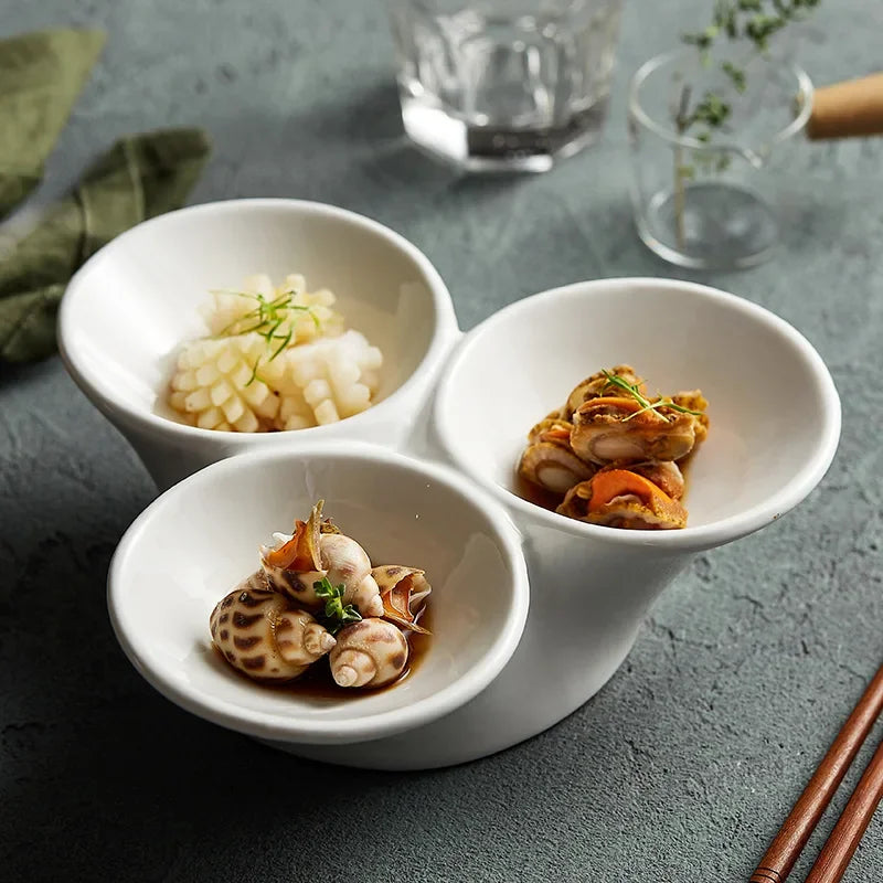 White exquisite three-grid small plates, commercial ceramic combination plates, snack plates, cold dishes japanese dish set