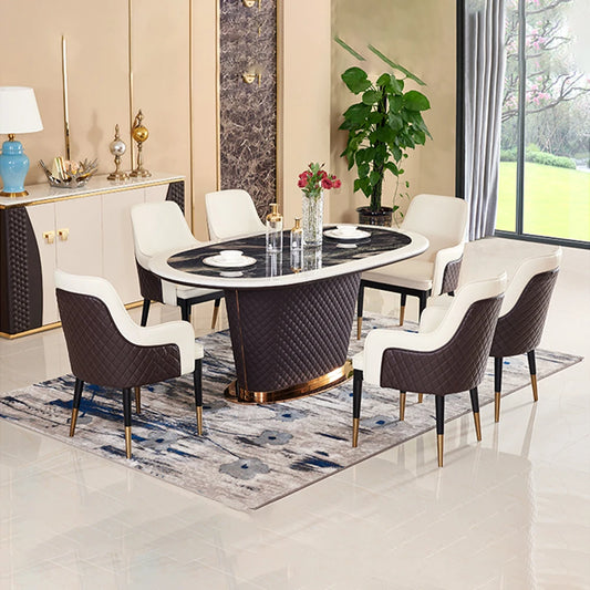 MINGDIBAO Dining Room Set: Genuine Leather Chairs & Rectangle Marble Table with Stainless Steel and Leather