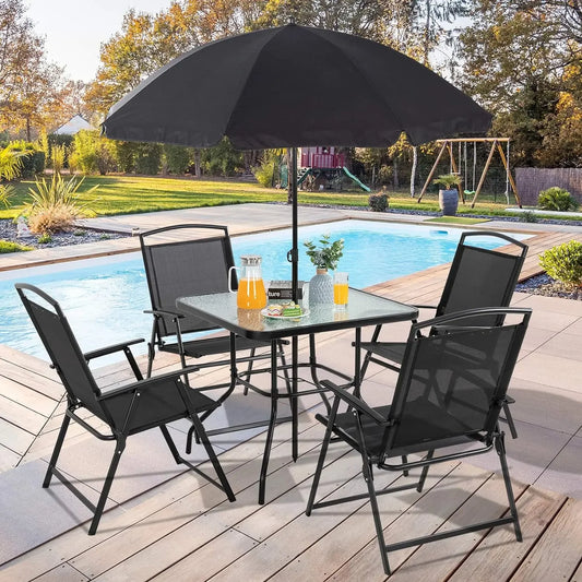 4/6 Piece Folding Patio Dining Set,Small Metal Outdoor Garden Patio Table and Chair Set w/Umbrella for Lawn,Deck,Backyard