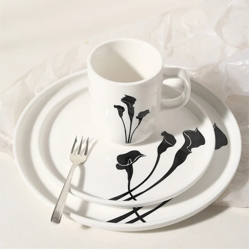 Ceramic Dinner Plates and Mug Set, Creative Flower Dinnerware, Black and White, Modern Dinnerware