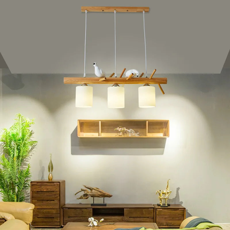 New Nordic Minimalist Solid Wood Chandelier Kitchen Dining Room Hanging Light Indoor Decorative Branche And Birds Led Chandelier