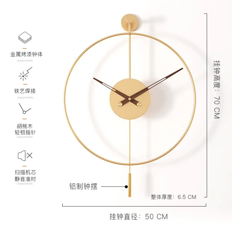 Metal Minimalist Wall Clock European Automatic Swing Decorative Clock Creative Round Wall Watch Living Room Silent Quartz Watch