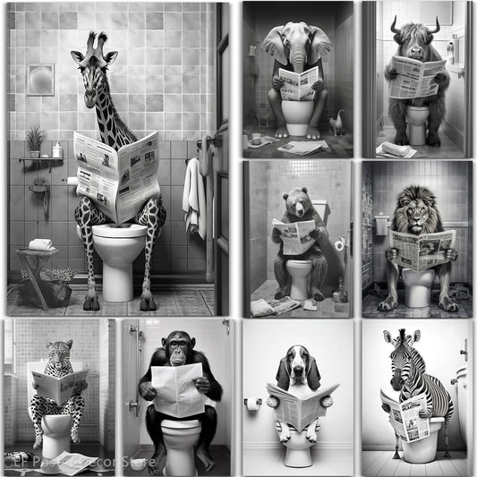 Funny Bathroom Humor Poster Animal Sitting on The Toilet Reading A Newspape Artwork Painting Room Office Cafe Home Wall Decors