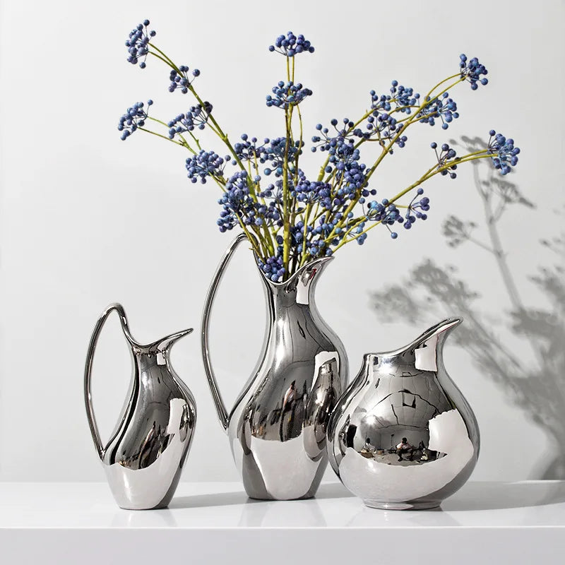 Nordic Silver Ceramic Vase Dried Flower Ornaments Creative Electroplated Vase Kettle Shape Vases Living Room Decoration Gift