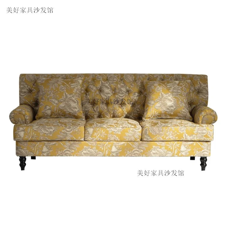 American Single Solid Wood Living Room Sofa Yellow Pastoral Color Pull Buckle Fabric Three-Seat Sofa