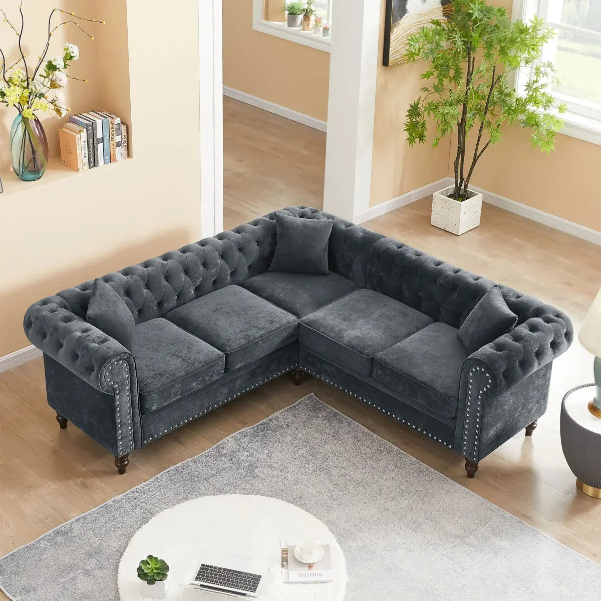 Tufted Upholstered Roll Arm Luxury Classic Chesterfield L-shaped Sofa 3 Pillows Included, Solid Wood Gourd Legs