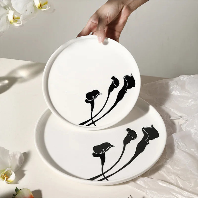 Ceramic Dinner Plates and Mug Set, Creative Flower Dinnerware, Black and White, Modern Dinnerware