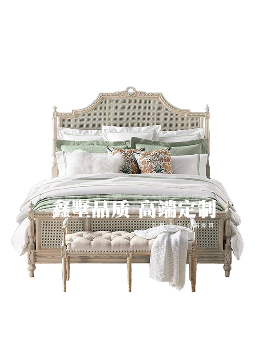 Retro white rattan  lying wedding bed 1.8 meters solid wood double   small apartment