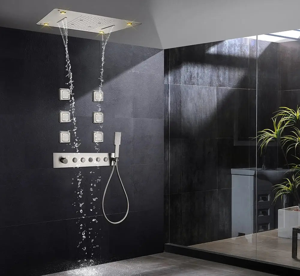 Bathroom Luxury Black Shower Faucet Mixer Valve Combo Set Wall Mounted Rainfall Shower Head System with Hand Shower and Body Jet