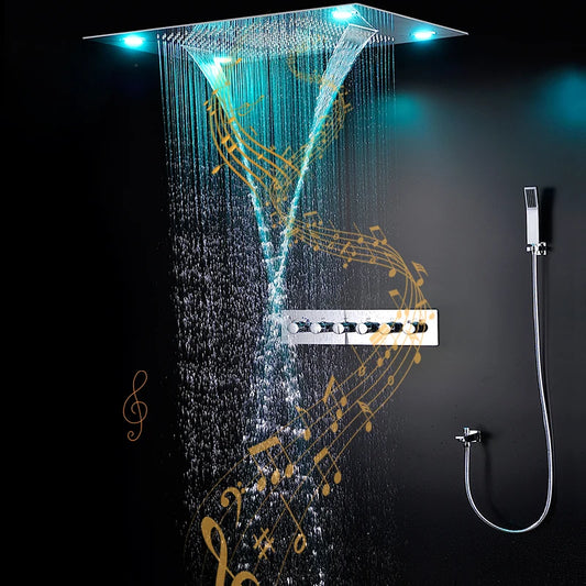 Music Shower System Set 4 Functions Thermostatic Bathroom Shower Faucets Recessed Ceiling 600×800mm LED ShowerHeads