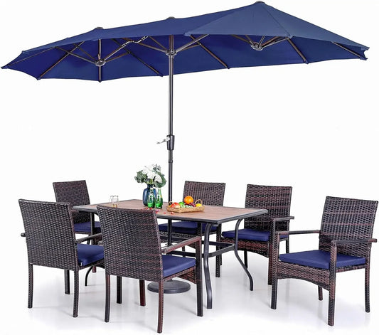 7 PCS Outdoor Dining Set with Umbrella, 60” Rectangular Wood Top Metal Dining Table & Cushioned Wicker Rattan Chairs