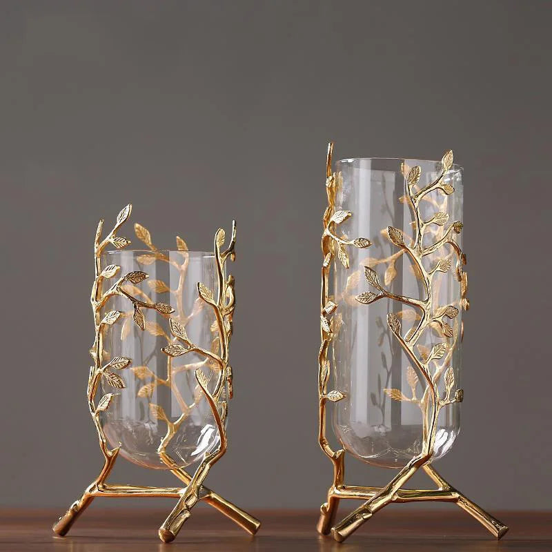 Glass Metal Vase Hollow Gold Metal Frame Branches Rattan Transparent Flower Vase Flower Arrangement Hydroponics Home Decoration