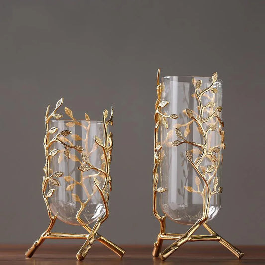 Glass Metal Vase Hollow Gold Metal Frame Branches Rattan Transparent Flower Vase Flower Arrangement Hydroponics Home Decoration