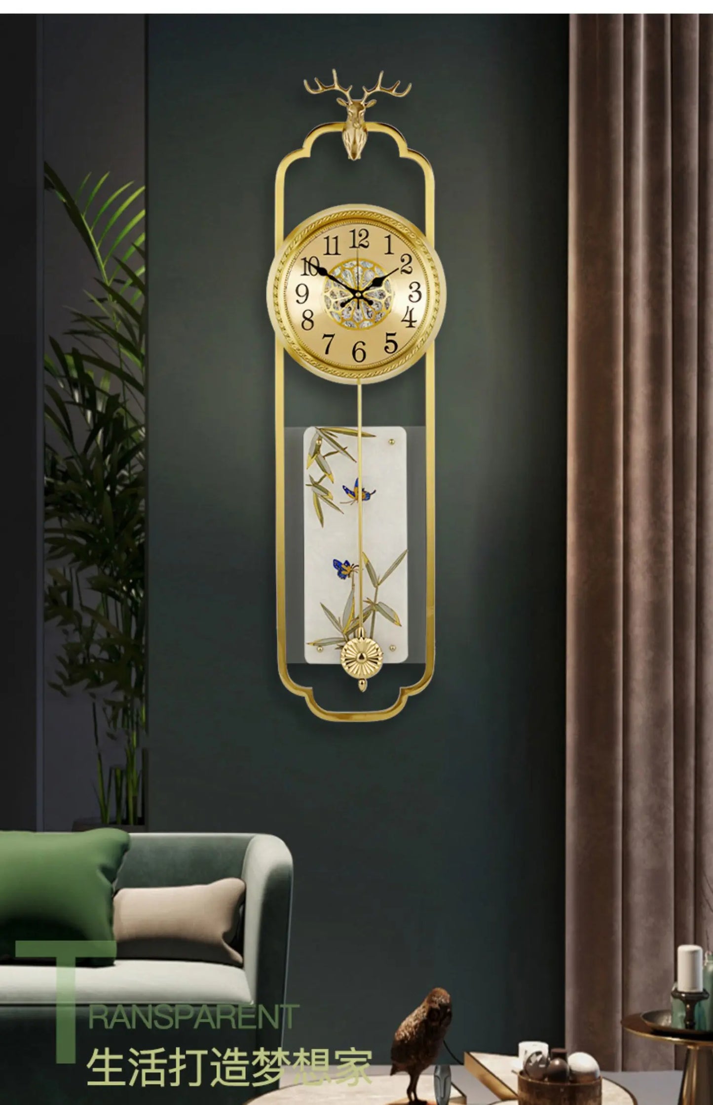 Wall clock, Chinese style light luxury pure brass living room wall clock, European retro creative art, atmospheric pendulum